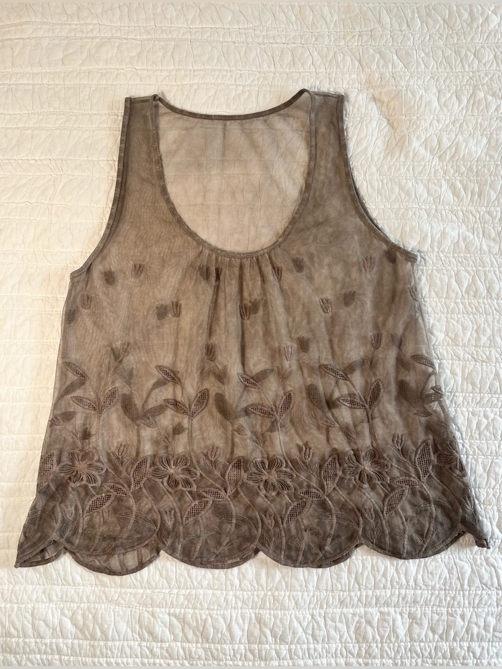 Made in Italy Embroidered Mesh Tank Top - Taupe Gray Size S (Oversized)
